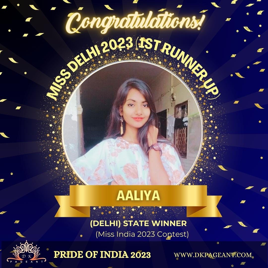 Aaliya-Glorious Victory-Miss Delhi 2023 (1st runner up) Crowned State Winner of Delhi-Pride of India 2023-Dk Pageant
