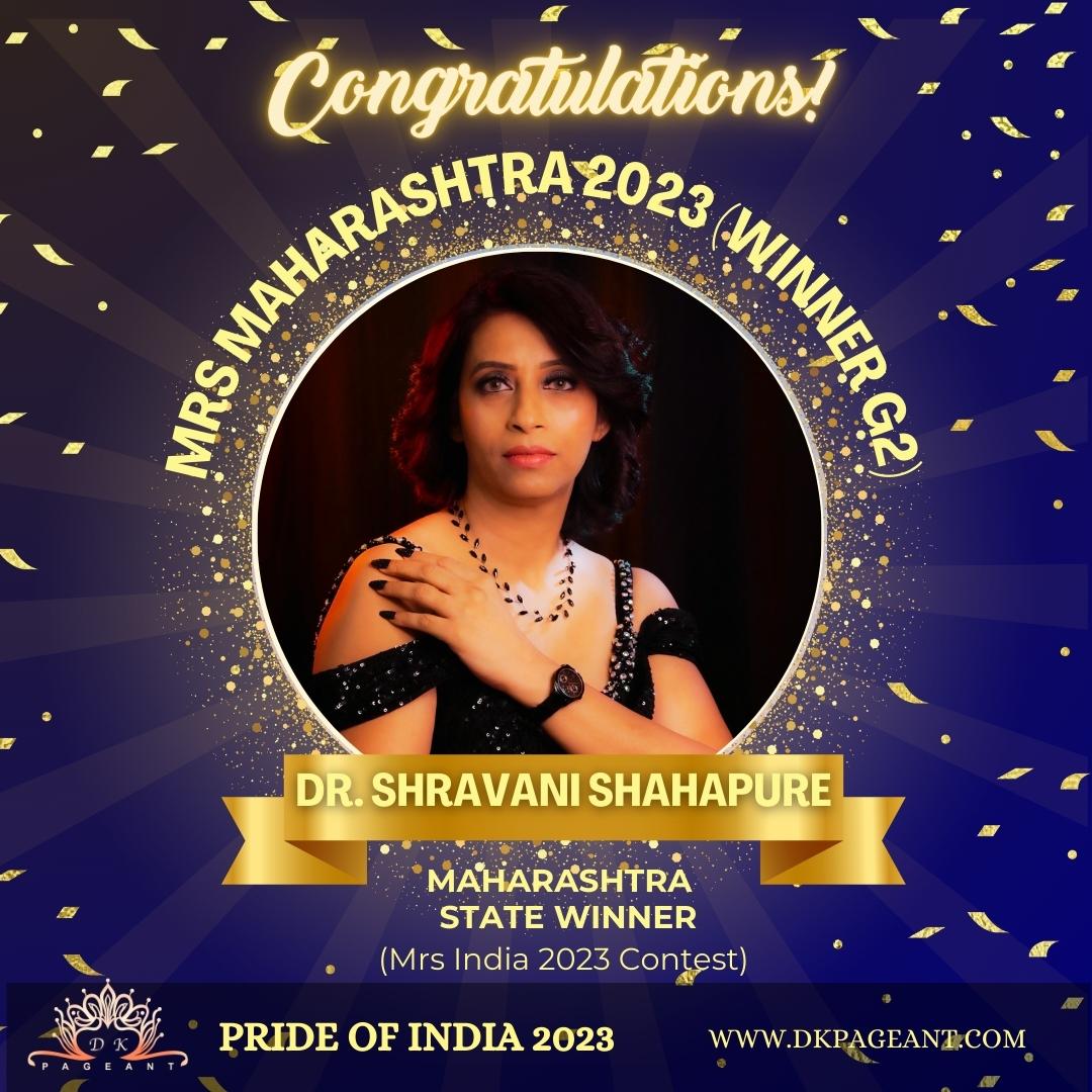 Dr. Shravani Shahapure-Mrs Maharashtra 2023 (Winner G2)-Crowned State Winner of Maharashtra-Pride of India 2023-Dk Pageant