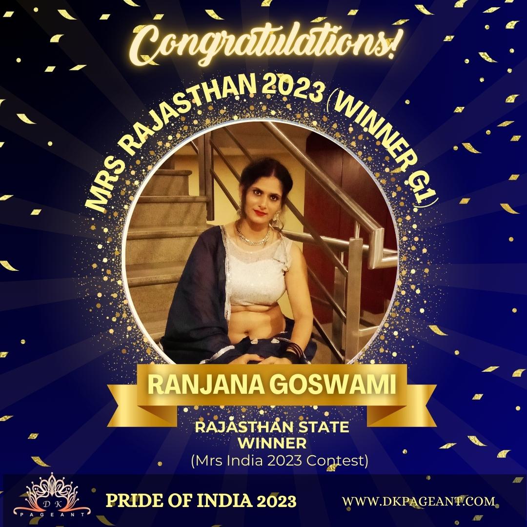 Ranjana Goswami-Mrs Rajasthan 2023 (Winner G1) -Crowned State Winner of Rajasthan-Pride of India 2023-Dk Pageant
