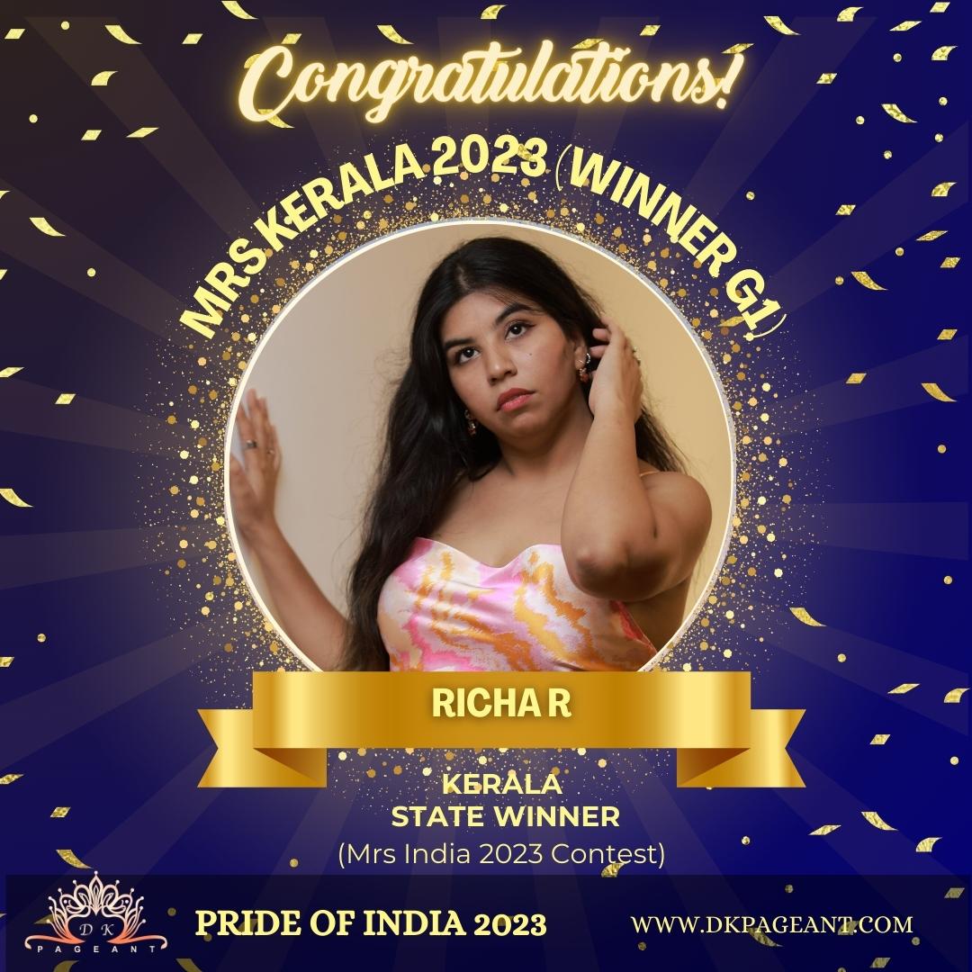 Richa R's Winning Moment in 2023 at State Winner and Mrs. Kerala 2023 (Winner G1) at the Pride of India beauty contest organized by DK Pageant in 2023.